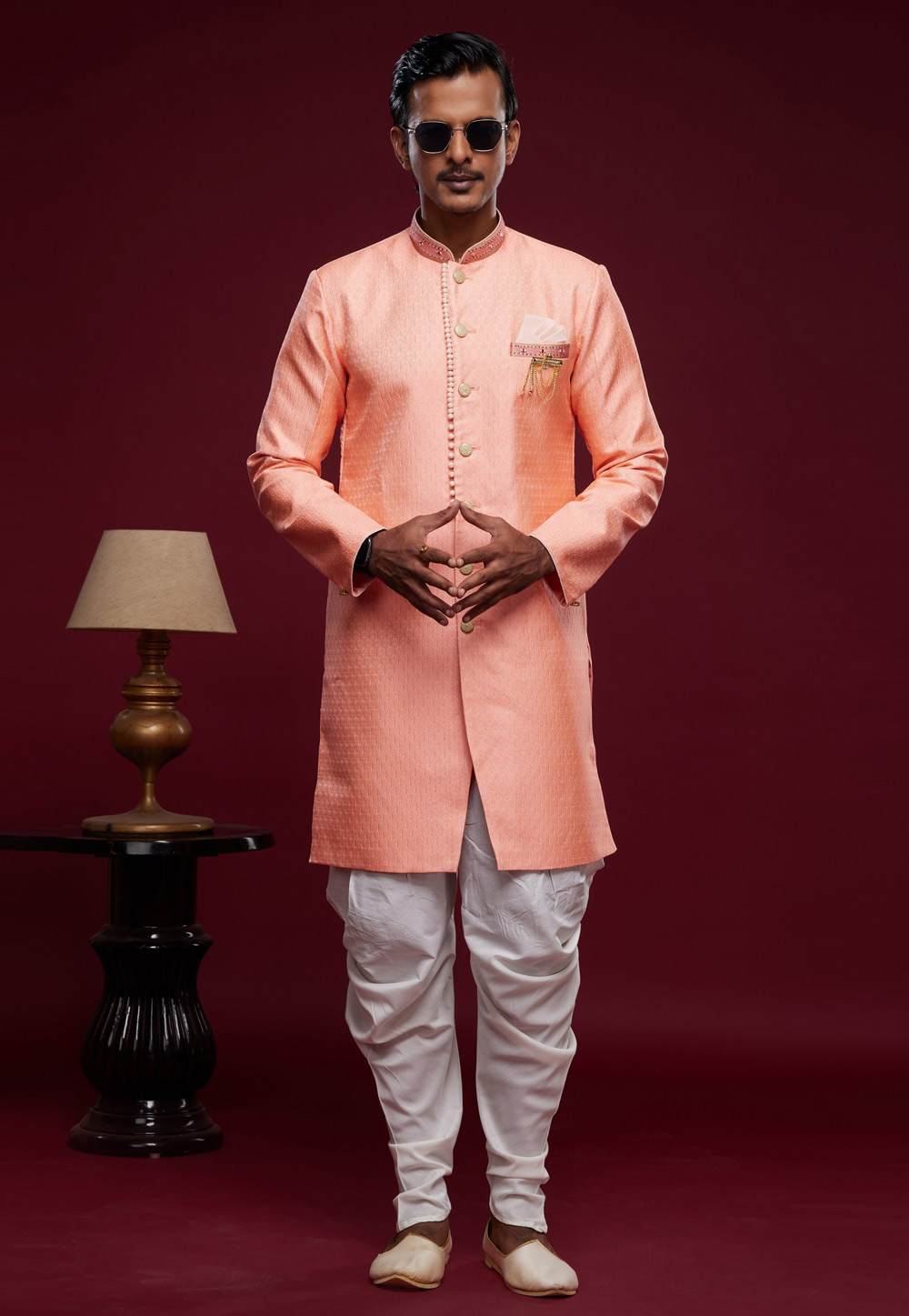 Peach Banarasi Jacquard Dhoti Sherwani 273439