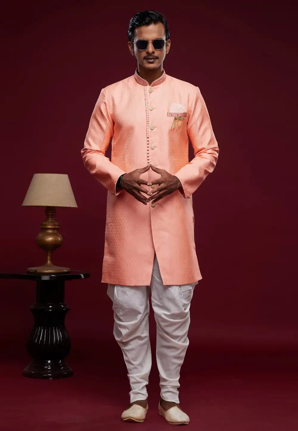 Peach Banarasi Jacquard Dhoti Sherwani 273439