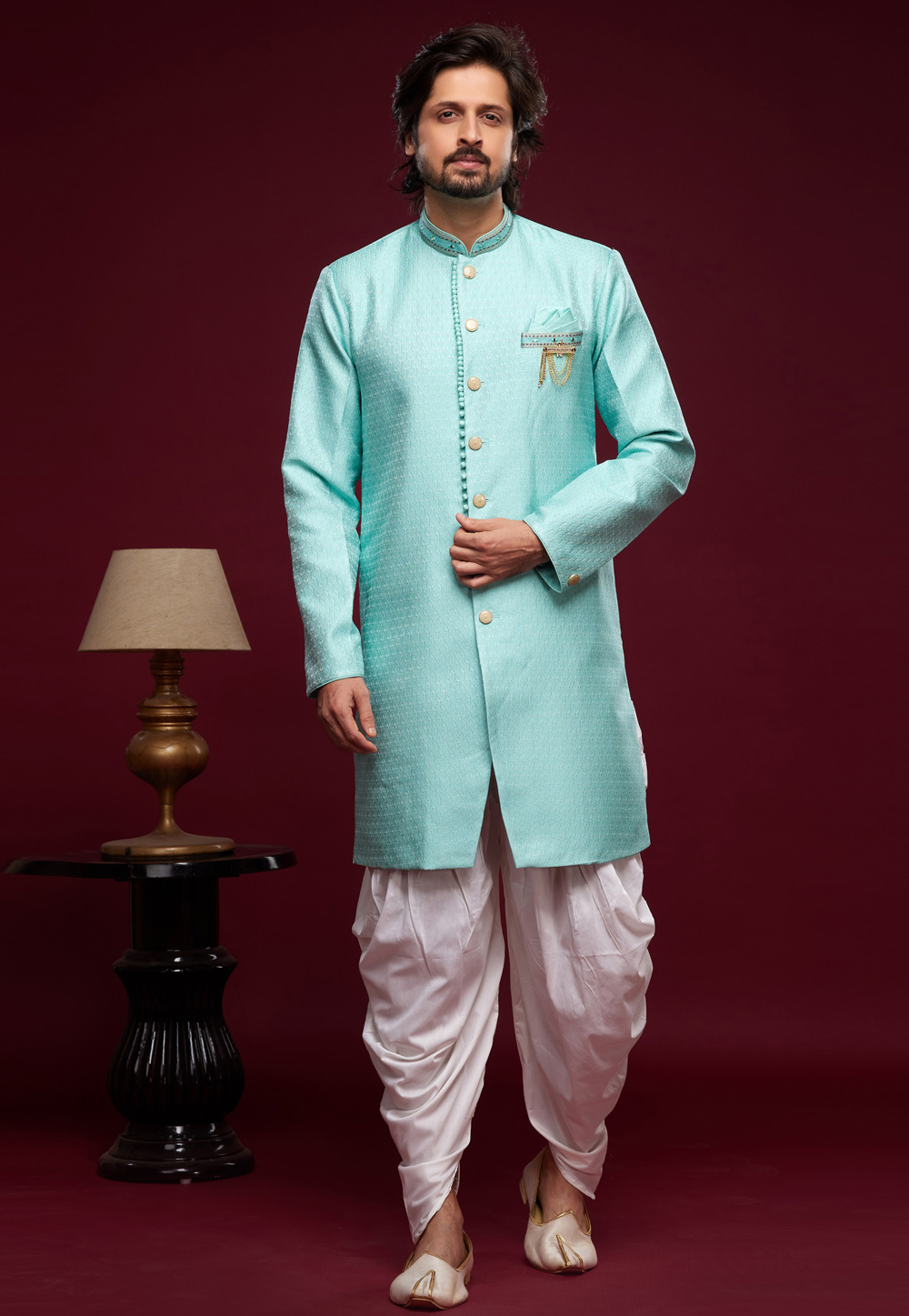 Turquoise Banarasi Jacquard Dhoti Sherwani 273440