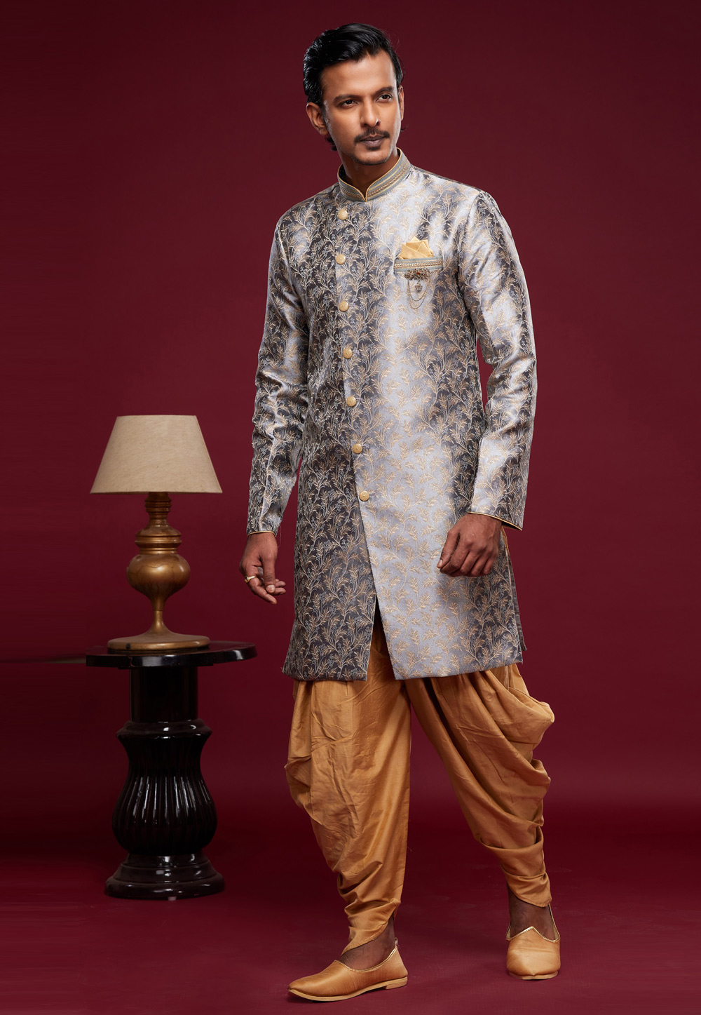 Grey Banarasi Jacquard Dhoti Sherwani 273442