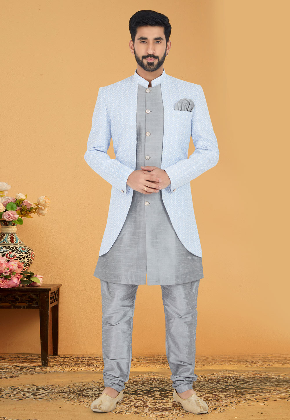 Grey Cotton Silk Jacket Style Sherwani 263243