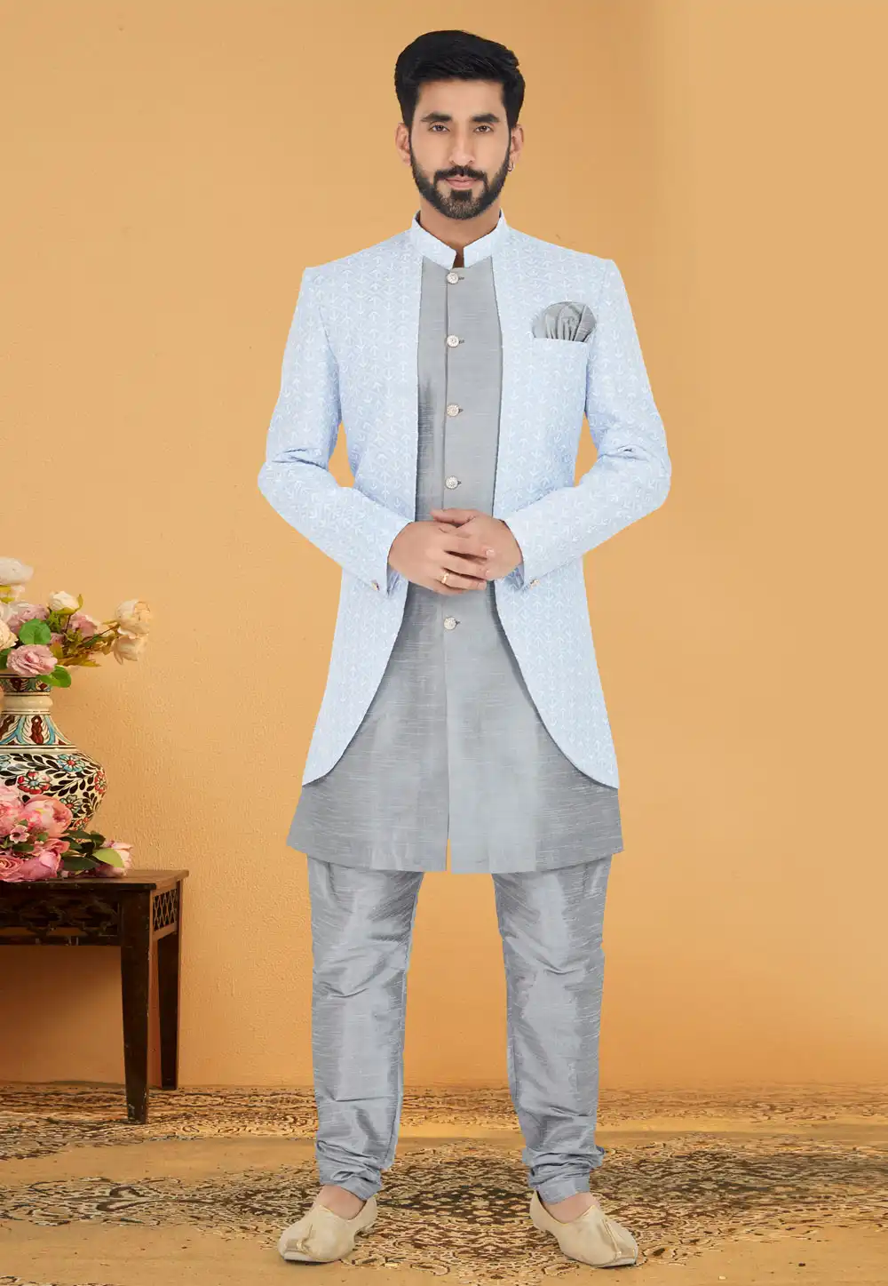 Grey Cotton Silk Jacket Style Sherwani 263243