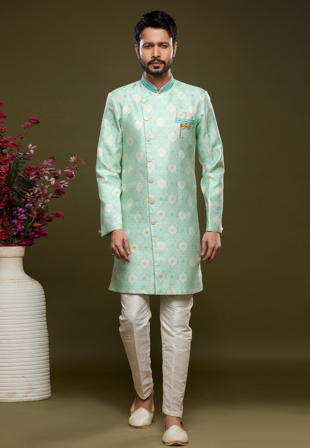 Sea Green Banarasi Jacquard Indo Western Suit 273446