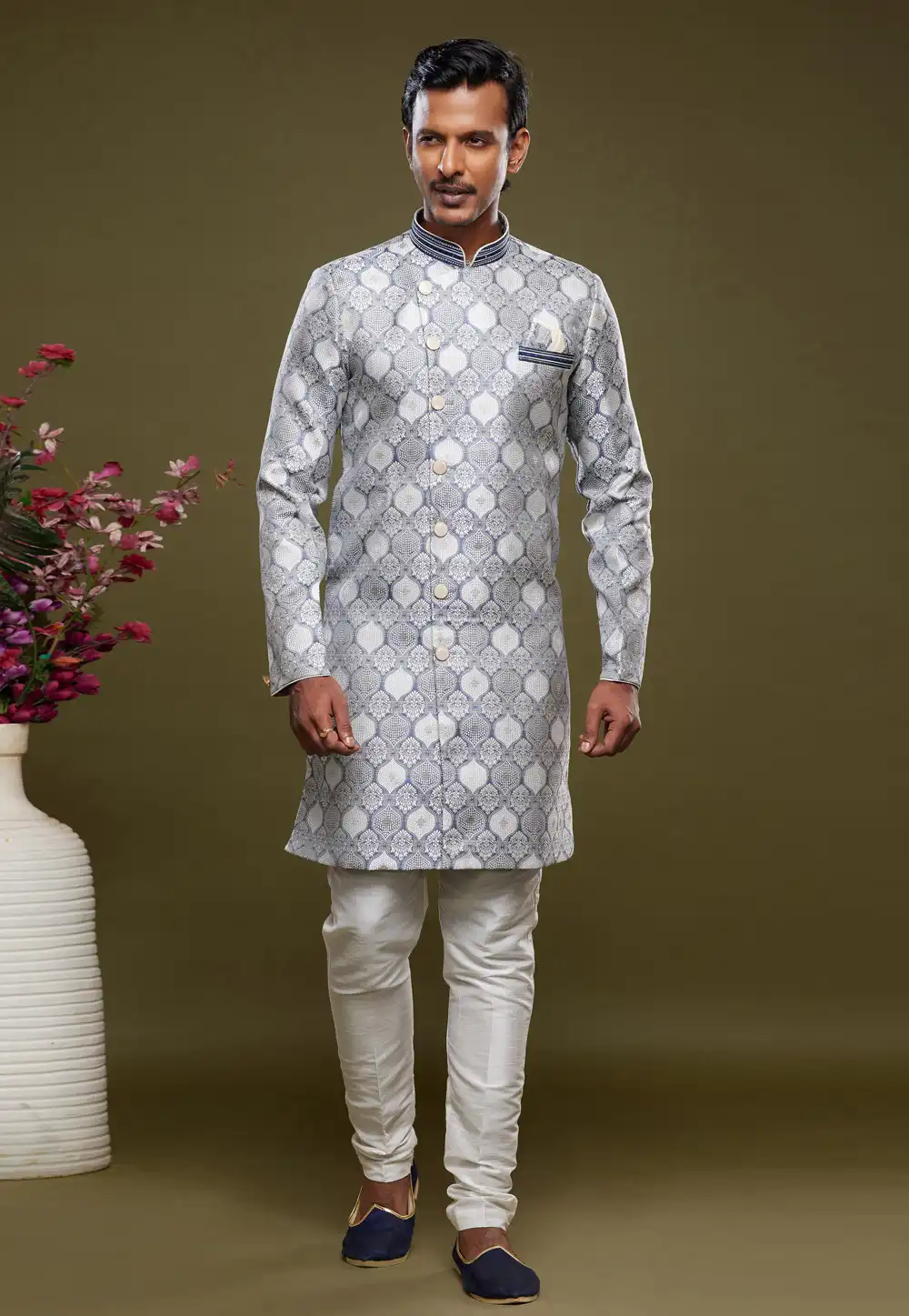 Light Blue Banarasi Jacquard Indo Western Suit 273447