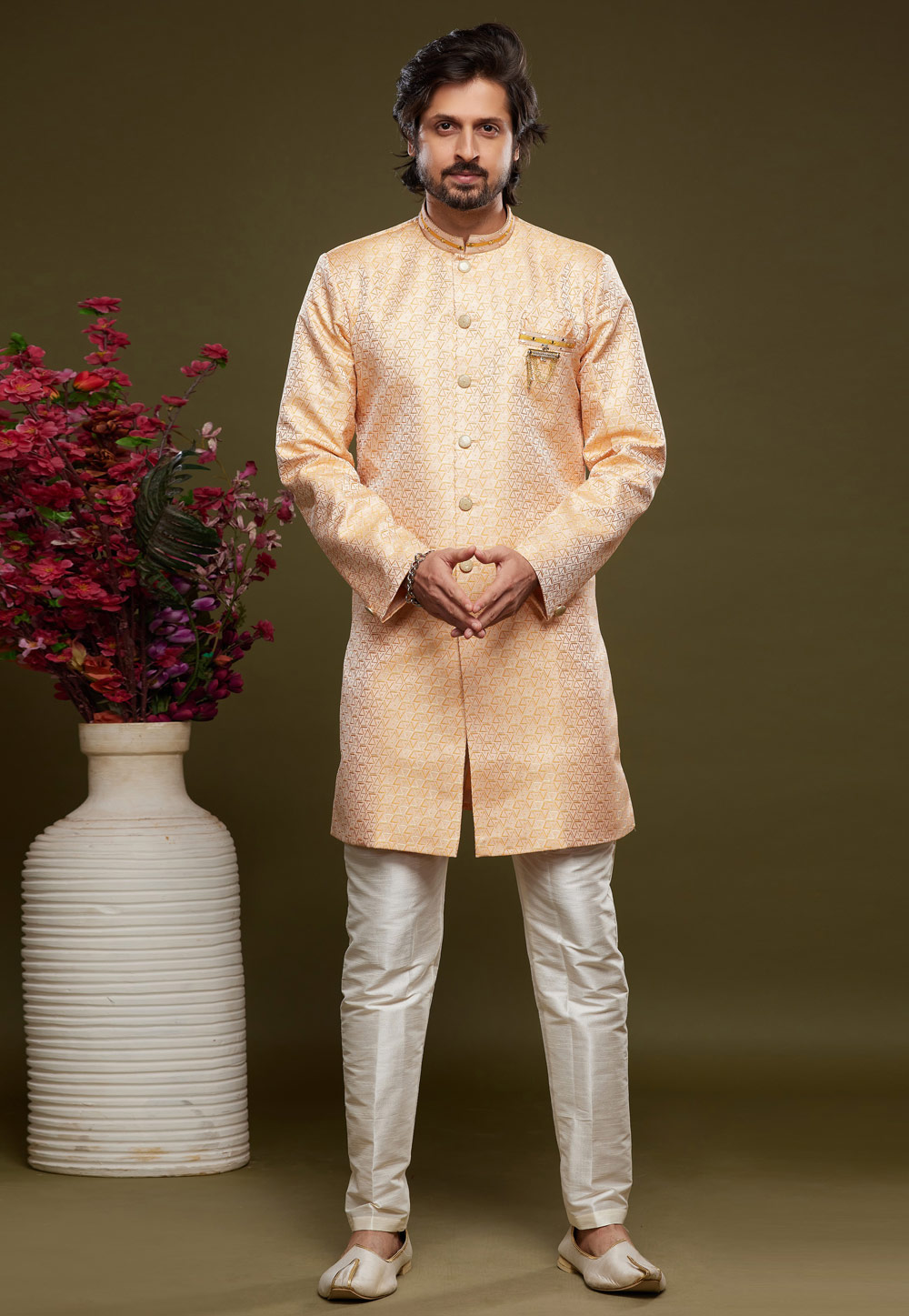 Peach Banarasi Jacquard Indo Western Suit 273448