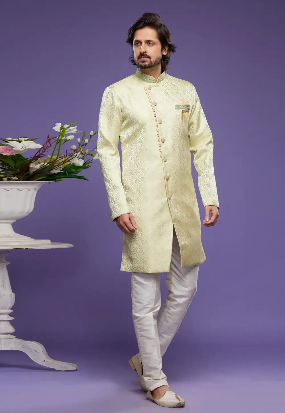 Light Yellow Banarasi Jacquard Indo Western Suit 273452