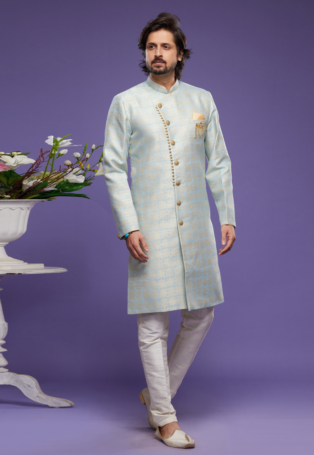 Sky Blue Banarasi Jacquard Indo Western Suit 273455