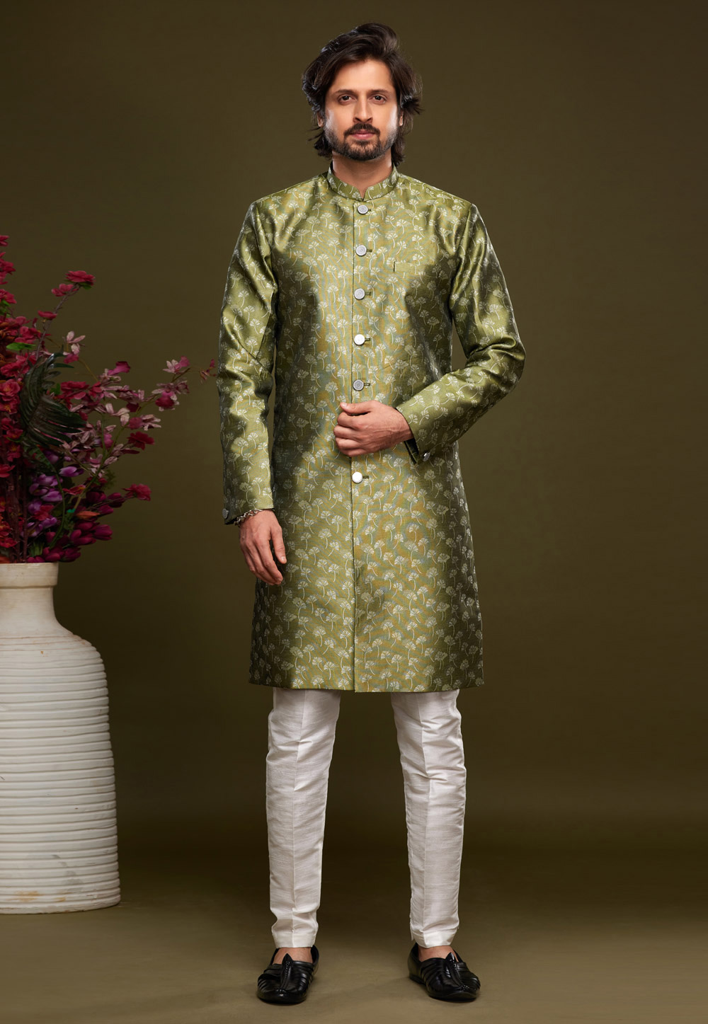 Mehndi Banarasi Jacquard Indo Western Suit 273457