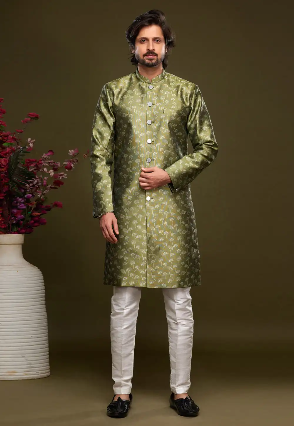 Mehndi Banarasi Jacquard Indo Western Suit 273457