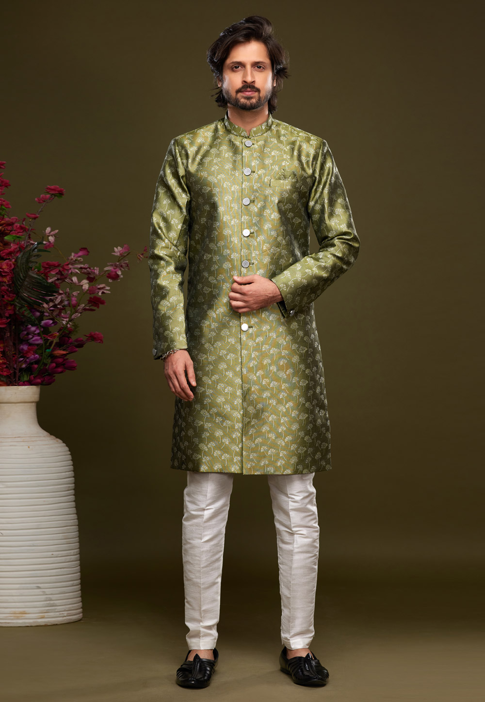 Mehndi Banarasi Jacquard Indo Western Suit 273457
