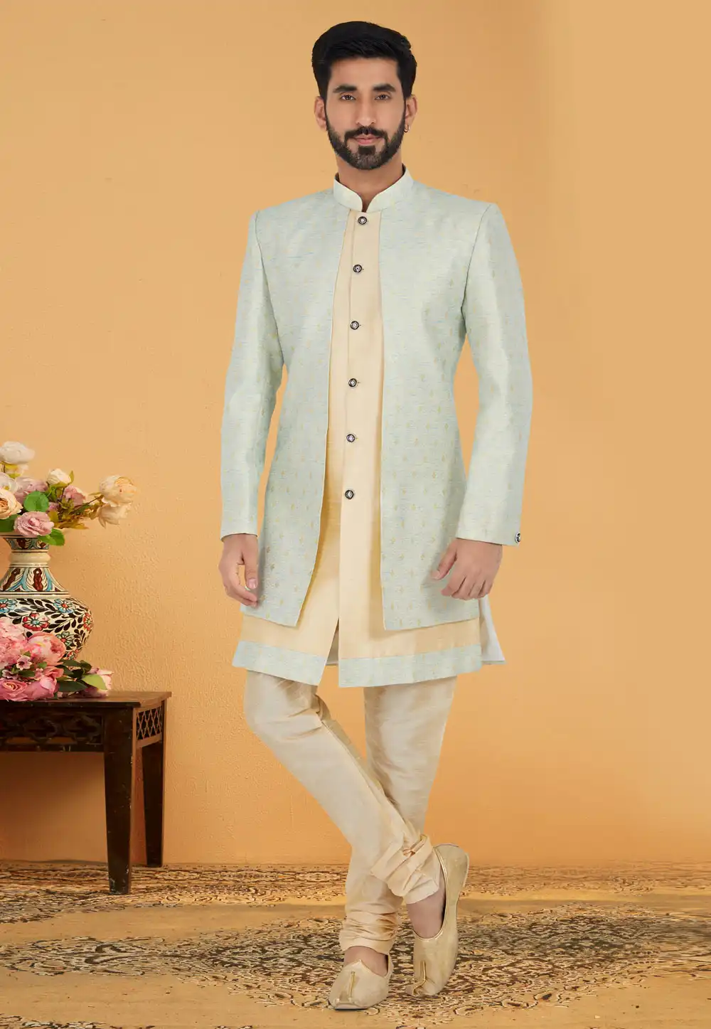 Beige Cotton Jacquard Jacket Style Sherwani 263244