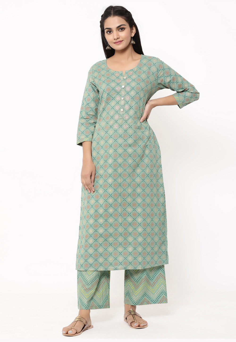 Light Green Cotton Palazzo Suit 217468