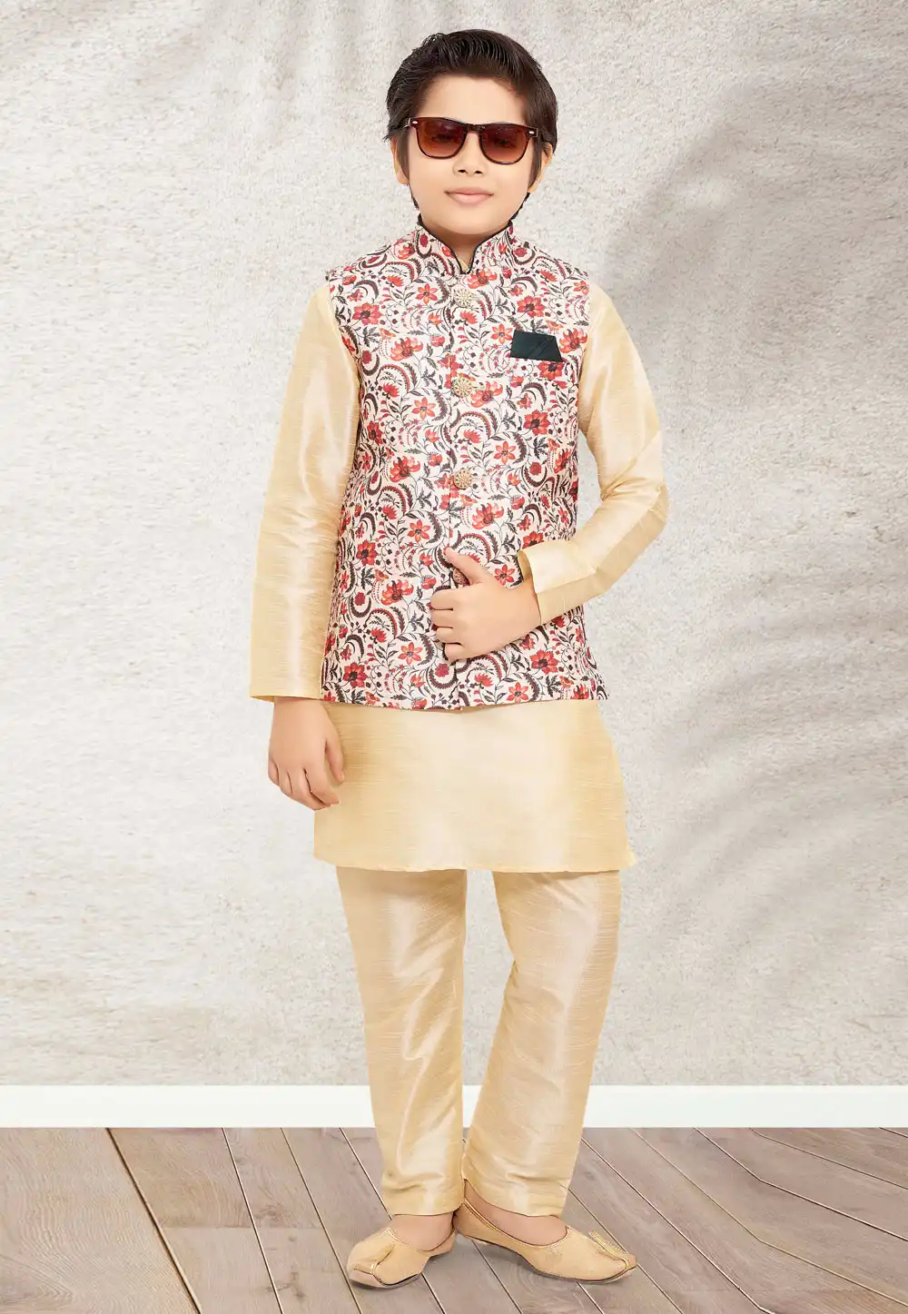 Cream Banarasi Silk Kids Kurta Pajama With Jacket 255249