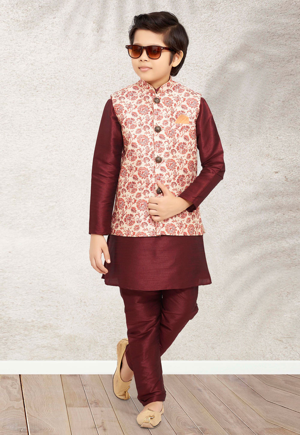 Maroon Banarasi Silk Kids Kurta Pajama With Jacket 255251