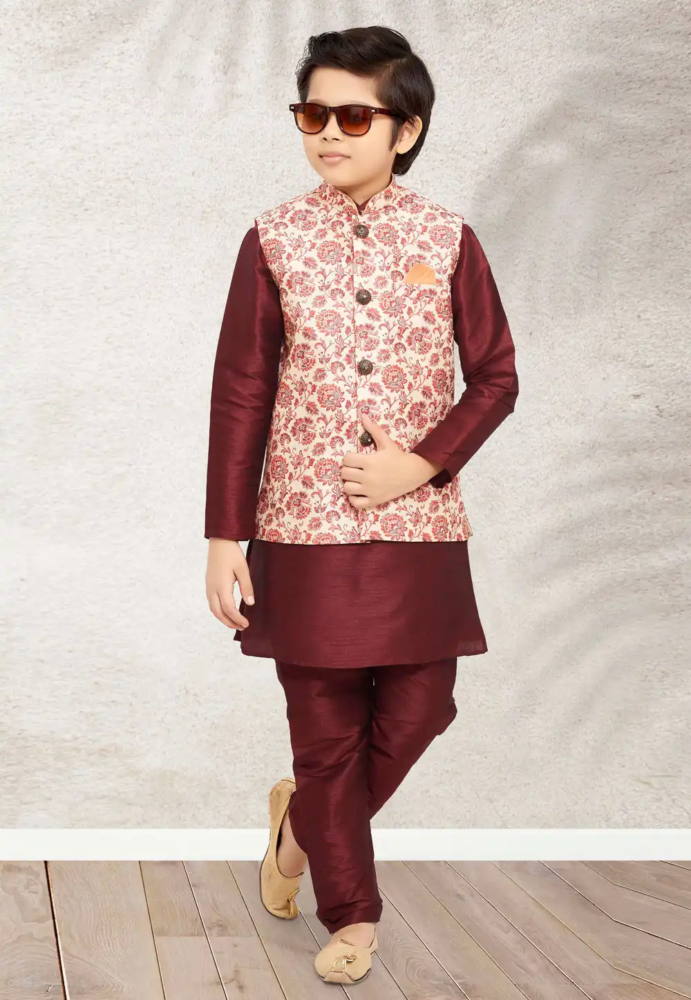 Maroon Banarasi Silk Kids Kurta Pajama With Jacket 255251