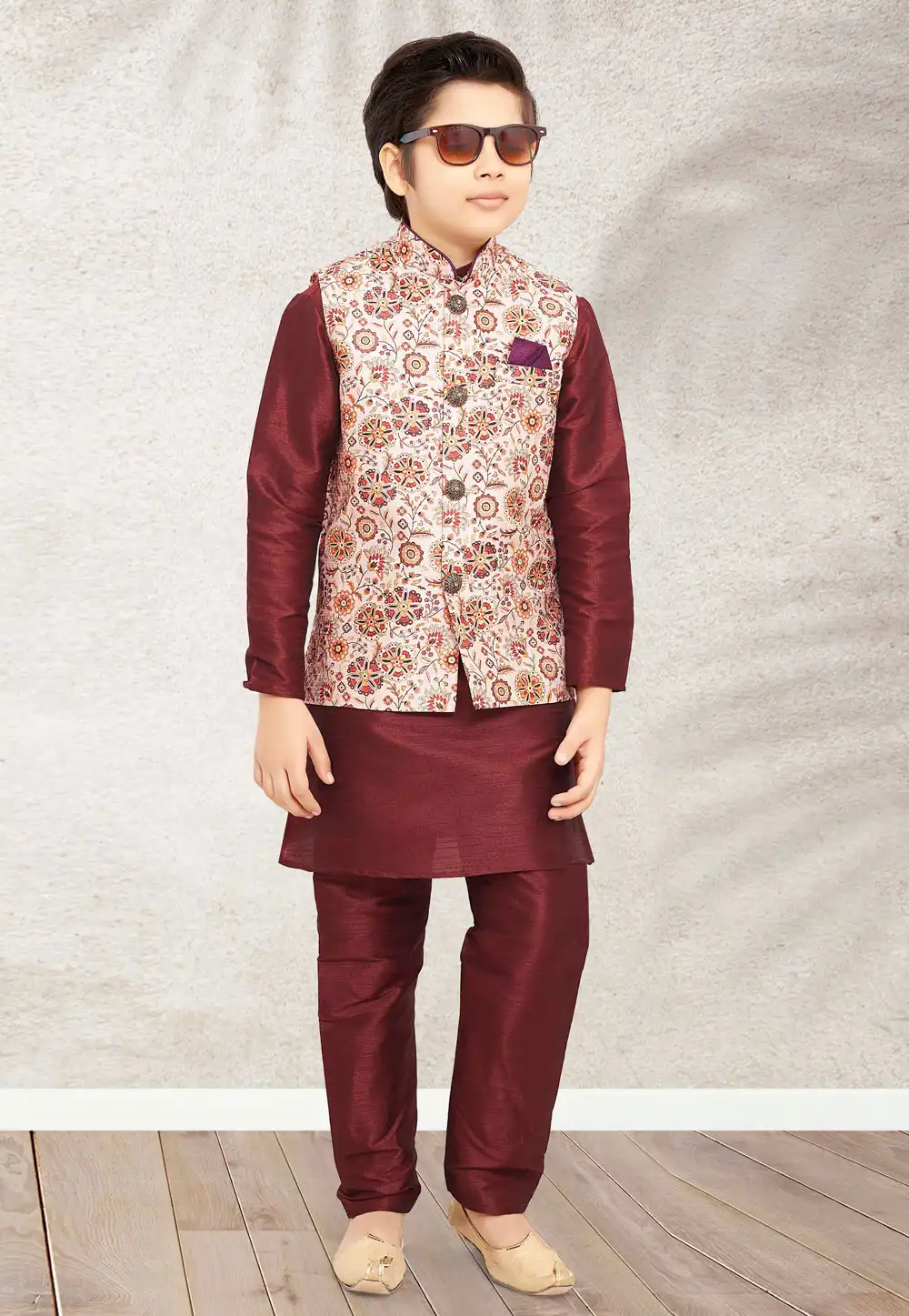 Maroon Banarasi Silk Kids Kurta Pajama With Jacket 255254