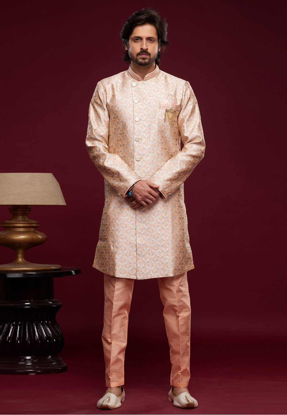 Peach Banarasi Jacquard Indo Western Suit 273613