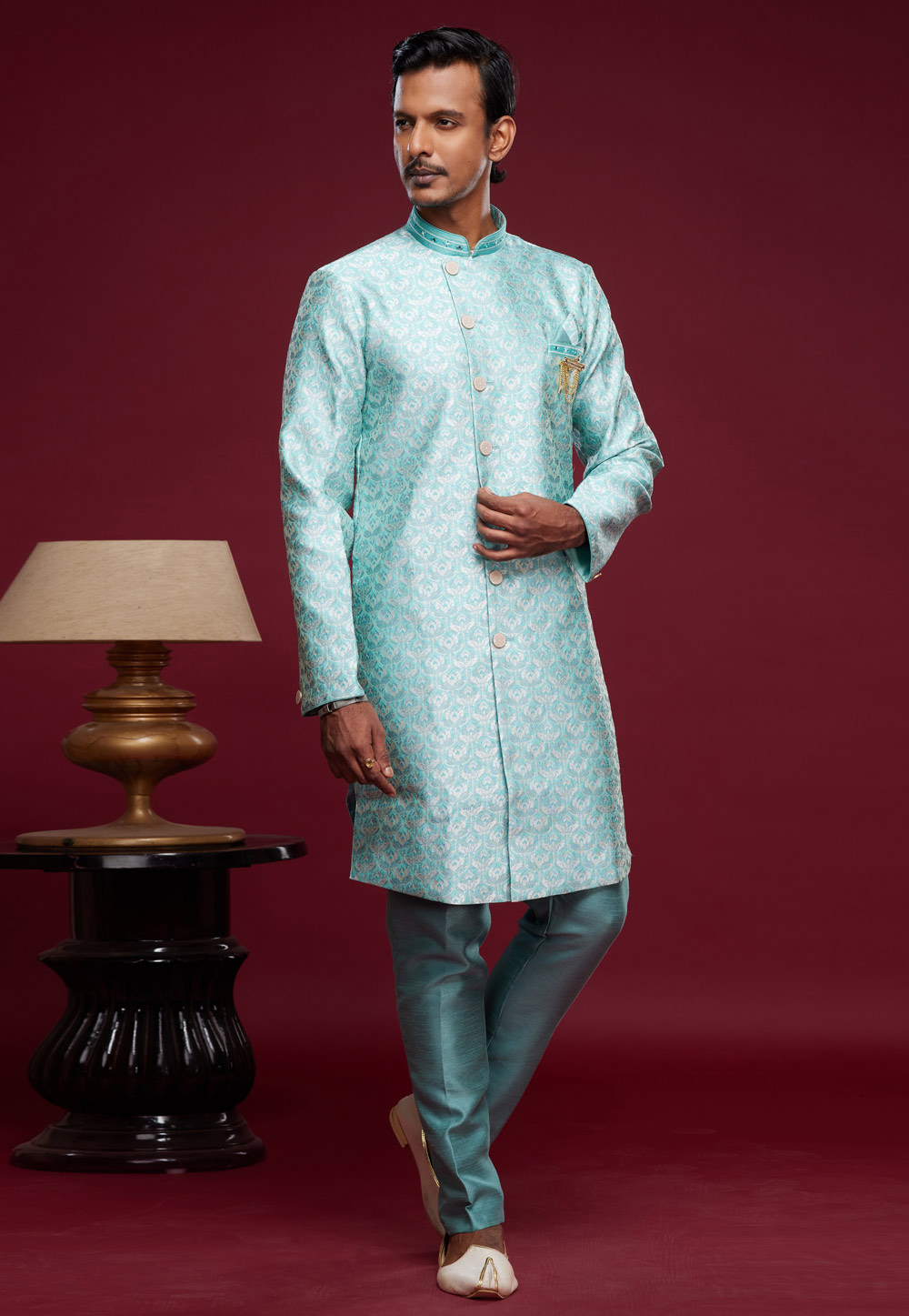 Sky Blue Banarasi Jacquard Indo Western Suit 273615