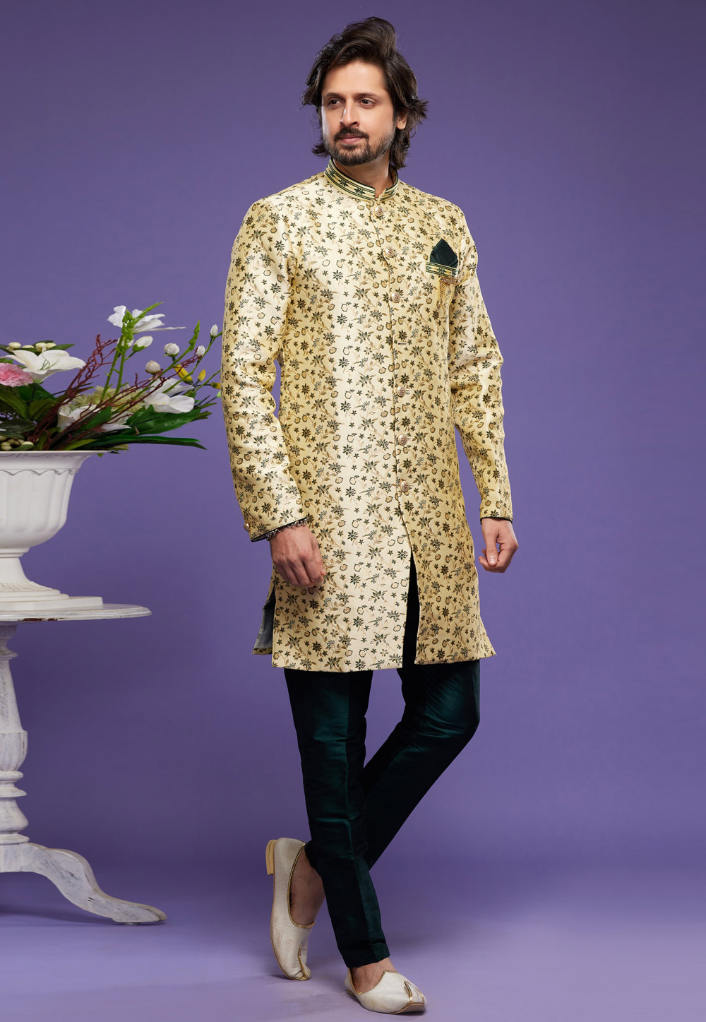 Yellow Banarasi Jacquard Indo Western Suit 273617