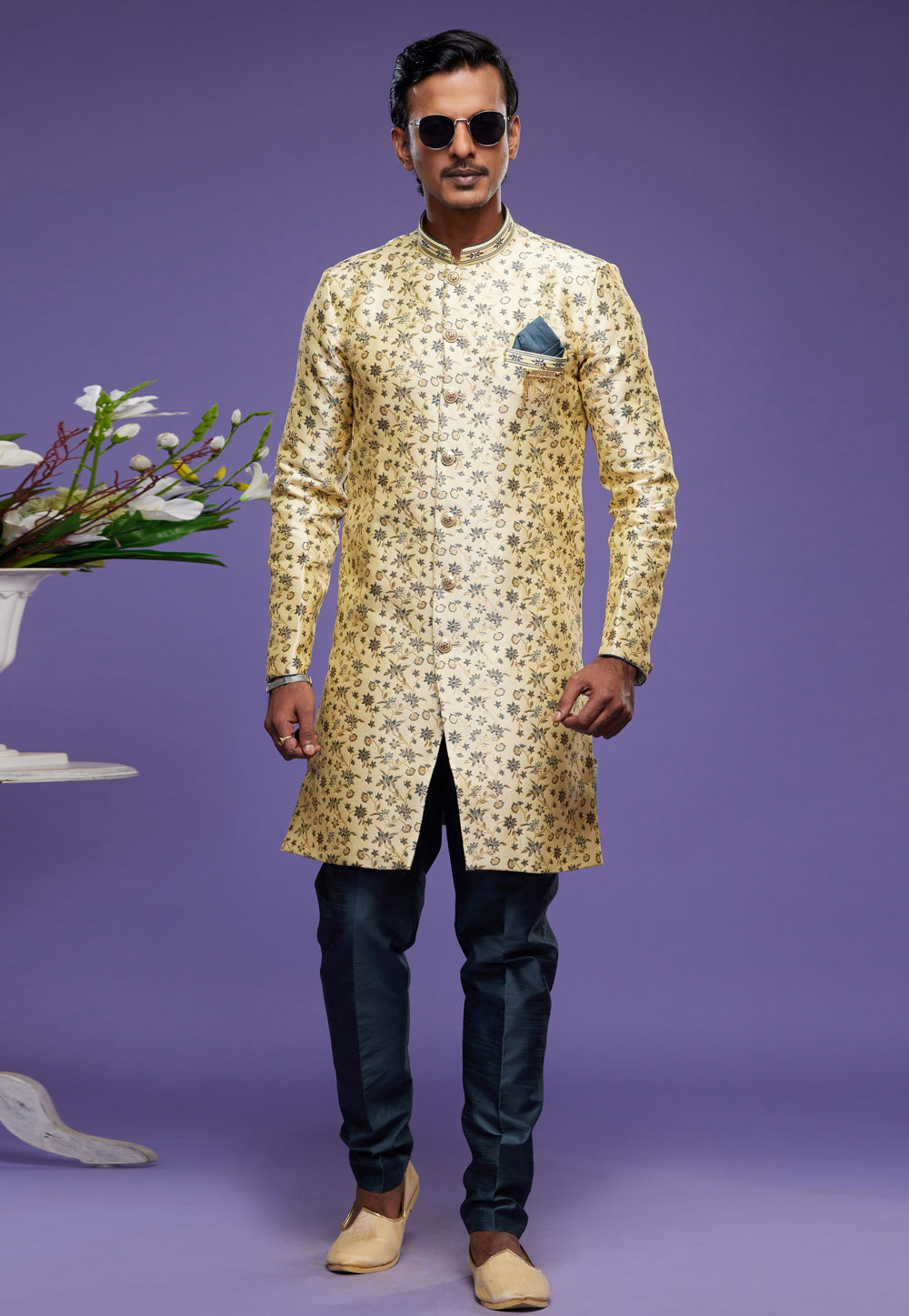 Yellow Banarasi Jacquard Indo Western Suit 273618