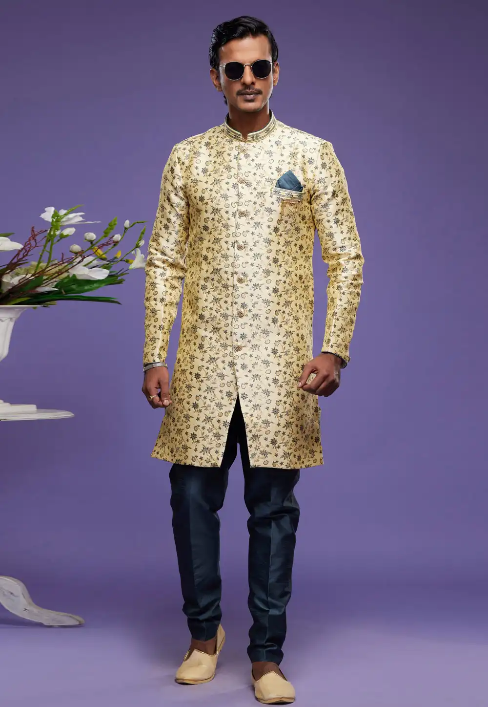 Yellow Banarasi Jacquard Indo Western Suit 273618