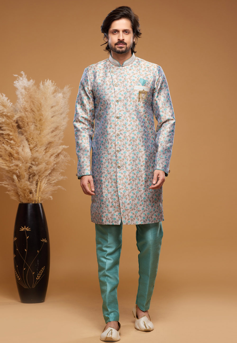 Grey Banarasi Jacquard Indo Western Suit 273619