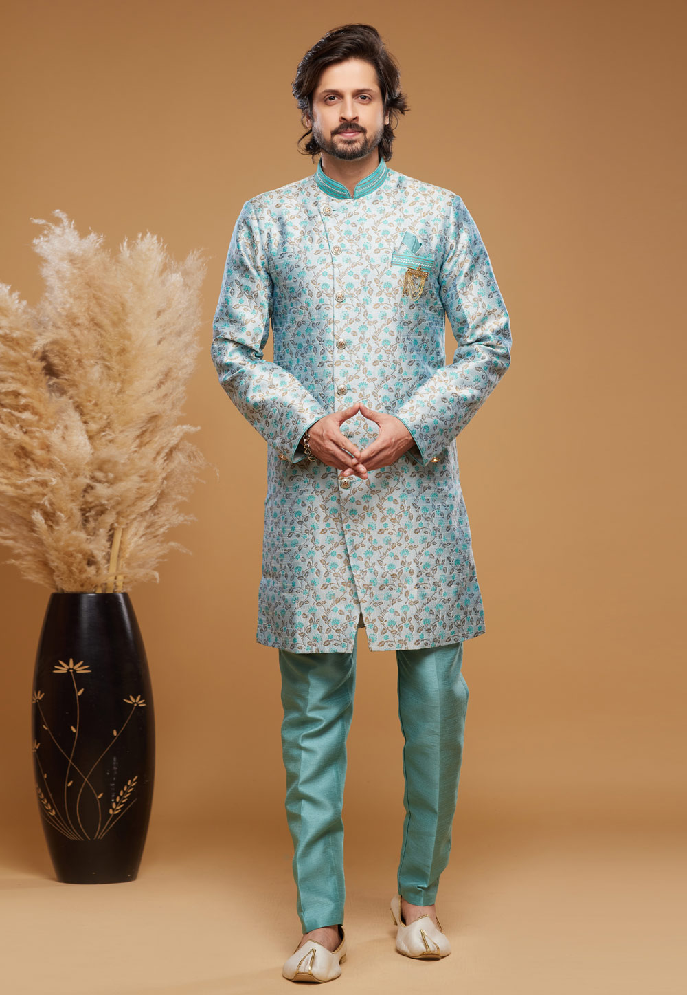 Sky Blue Banarasi Jacquard Indo Western Suit 273620