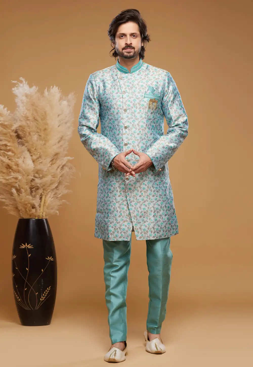 Sky Blue Banarasi Jacquard Indo Western Suit 273620