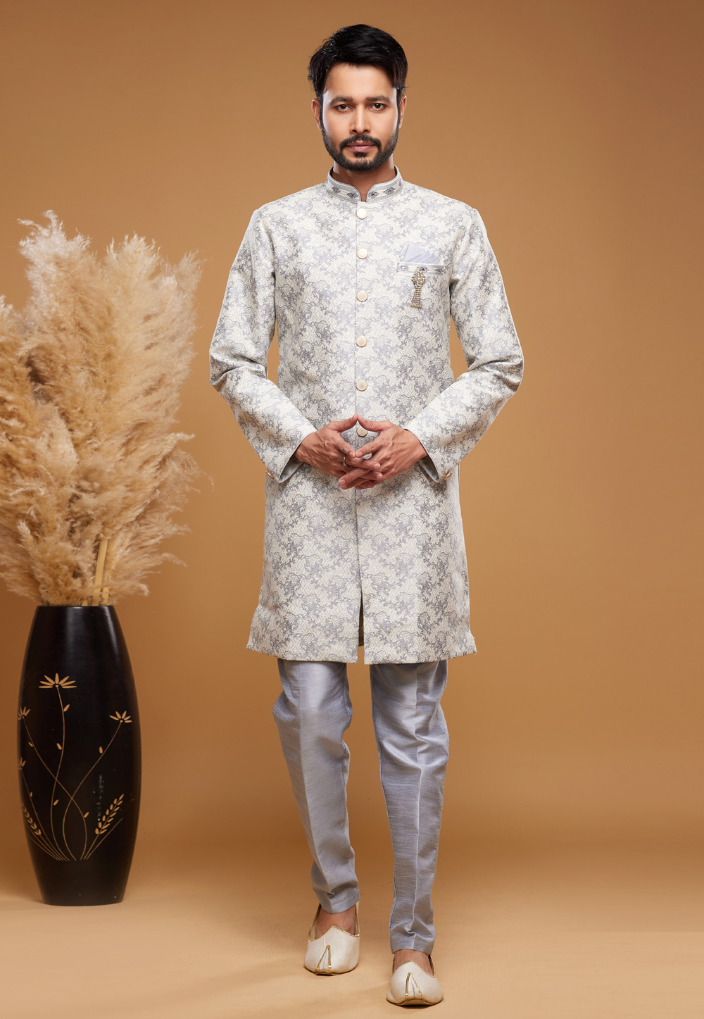 Off White Banarasi Jacquard Indo Western Suit 273622