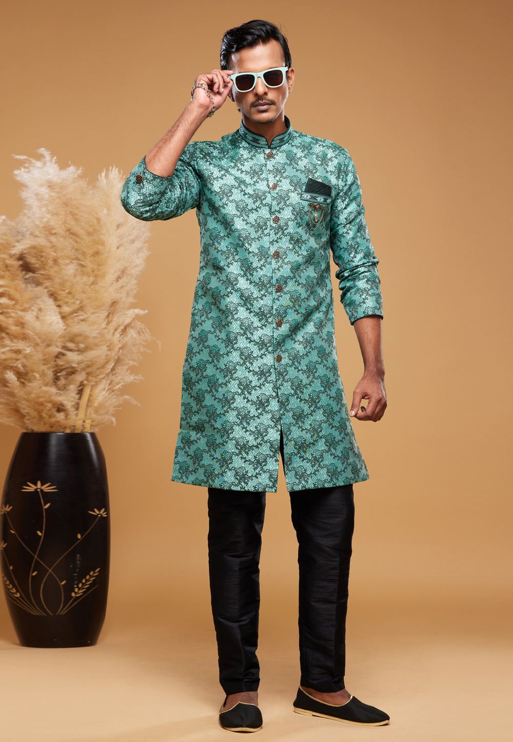 Sea Green Banarasi Jacquard Indo Western Suit 273623