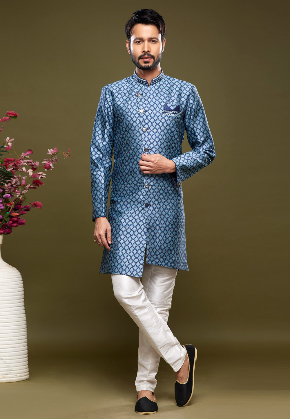 Sky Blue Banarasi Jacquard Indo Western Suit 273625