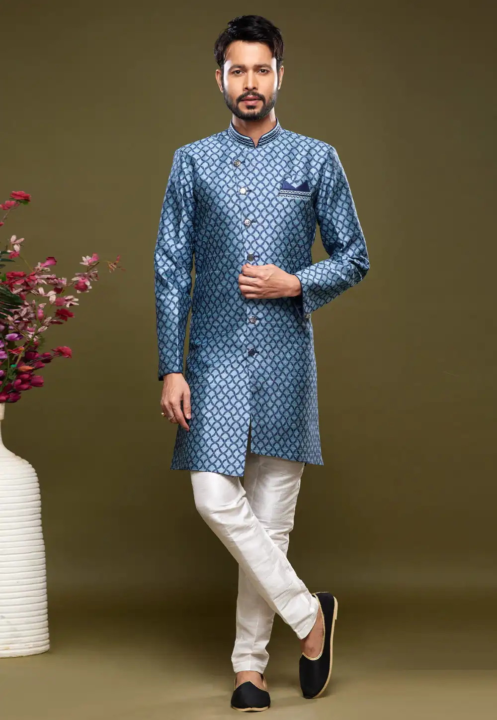 Sky Blue Banarasi Jacquard Indo Western Suit 273625