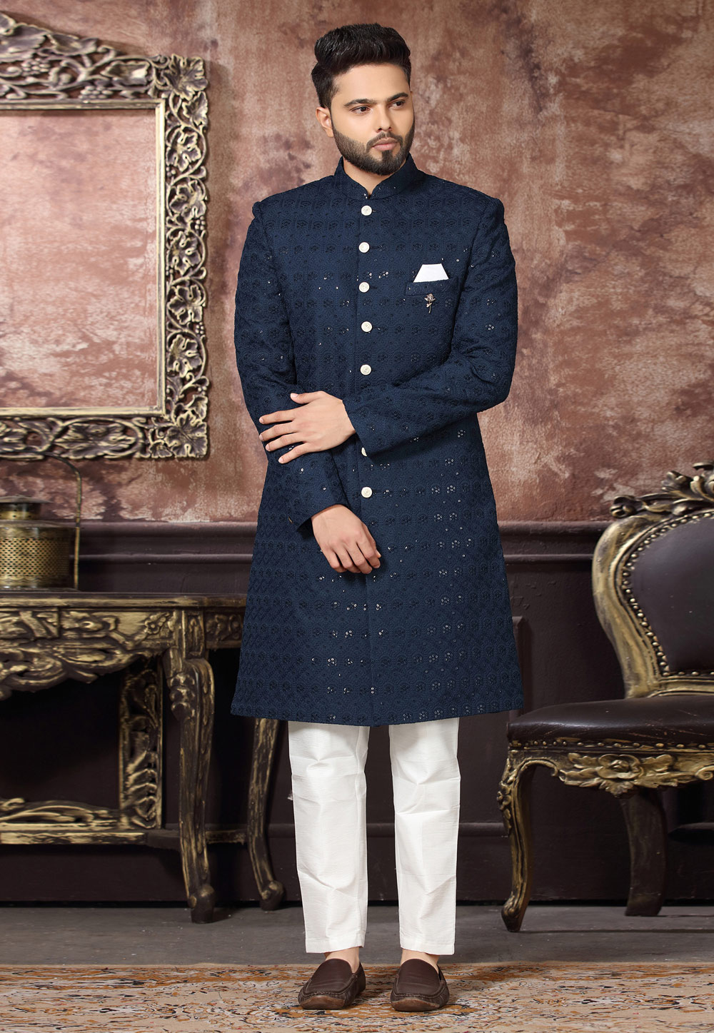Navy Blue Jacquard Indo Western Sherwani 255309