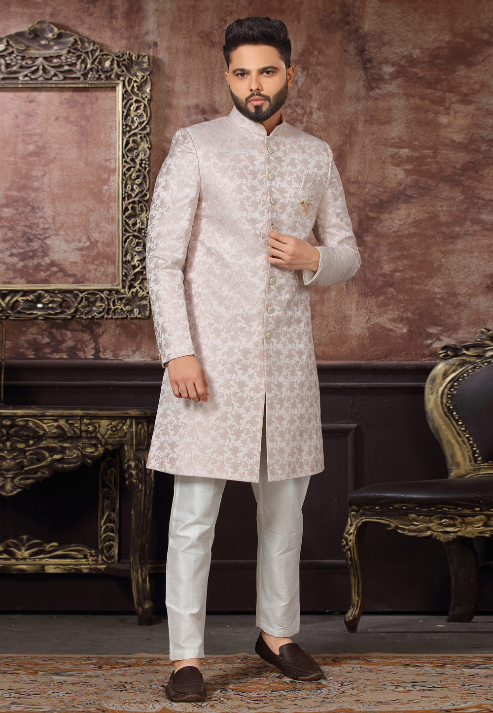 Off White Jacquard Indo Western Sherwani 255310