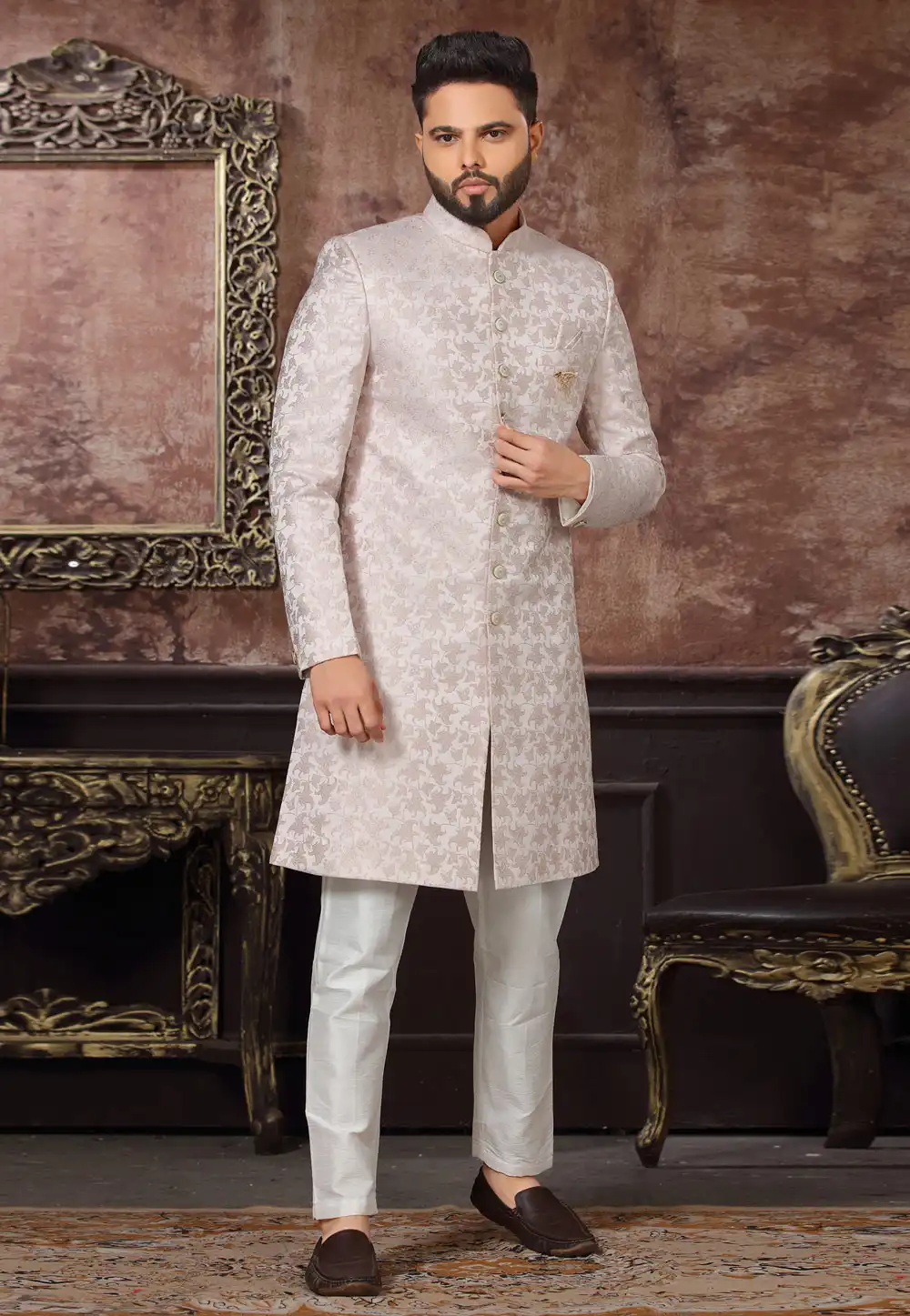 Off White Jacquard Indo Western Sherwani 255310
