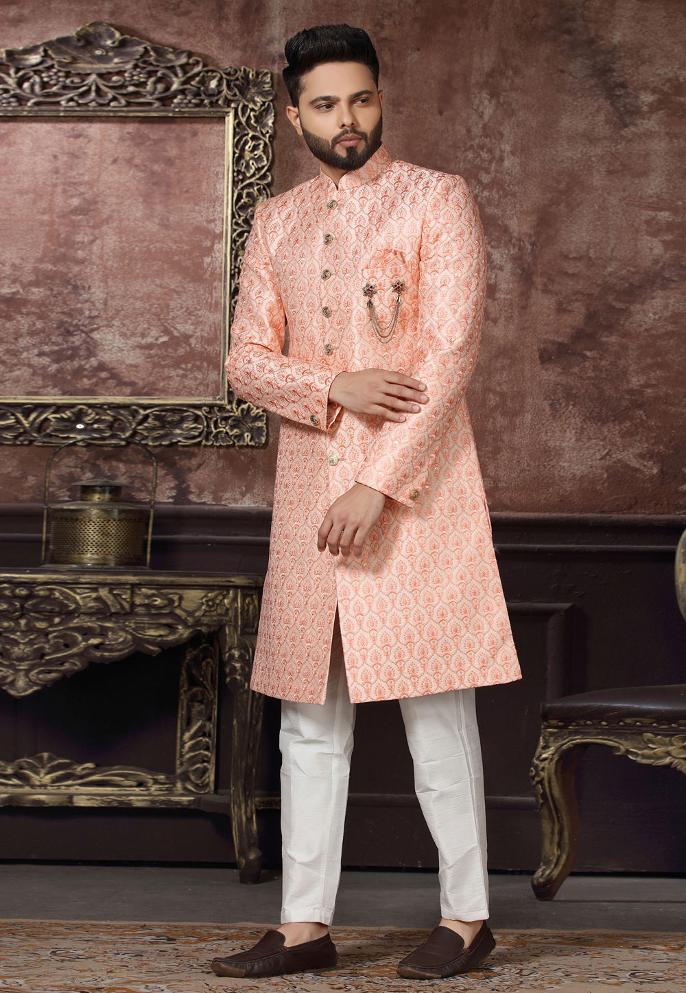 Peach Jacquard Indo Western Sherwani 255312