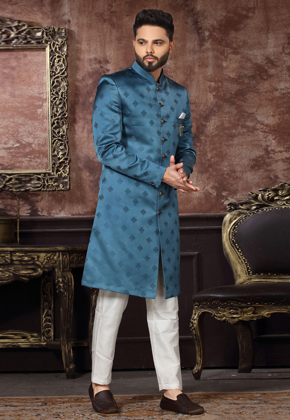 Teal Jacquard Indo Western Sherwani 255313