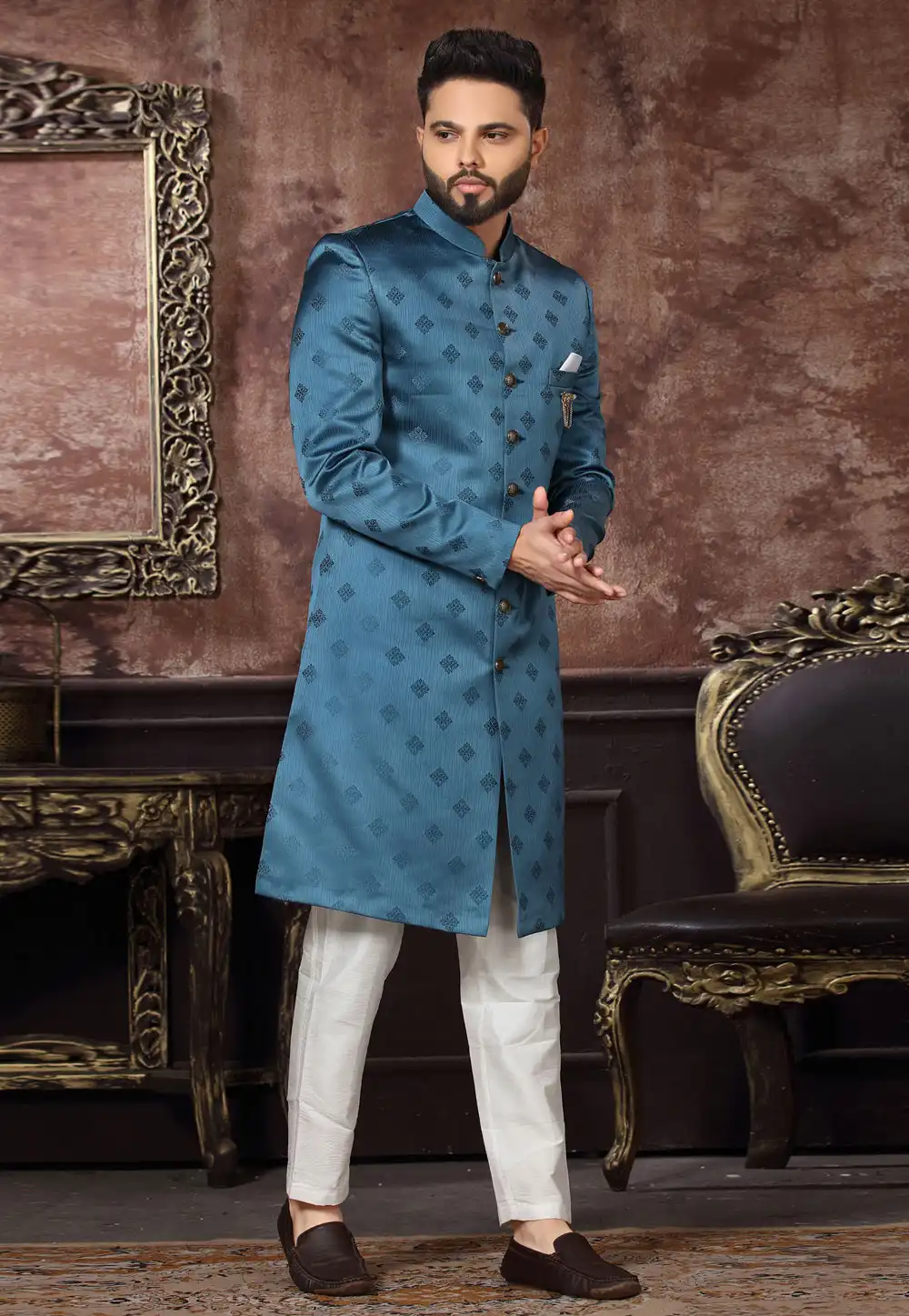 Teal Jacquard Indo Western Sherwani 255313