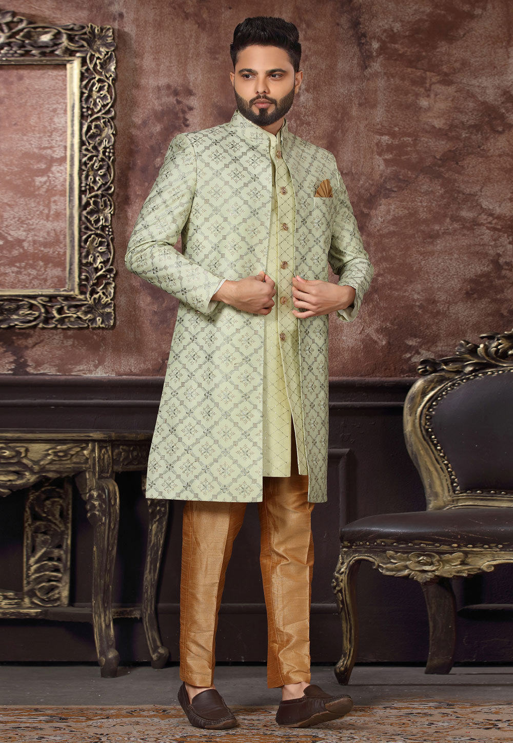 Pista Green Jacquard Indo Western Sherwani 255314