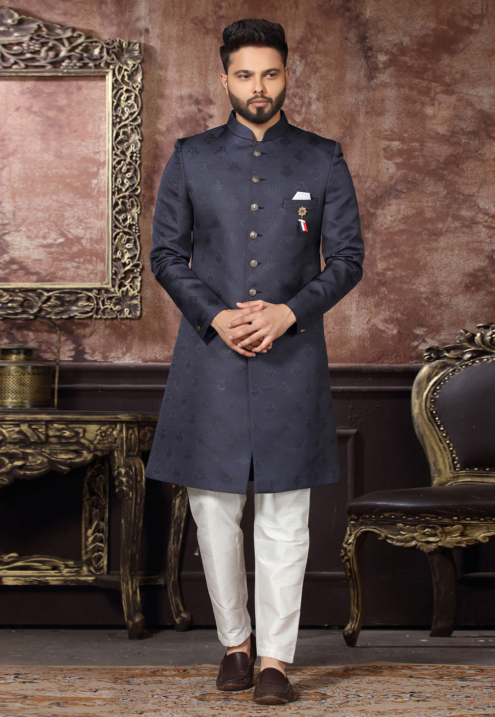 Navy Blue Jacquard Indo Western Sherwani 255315