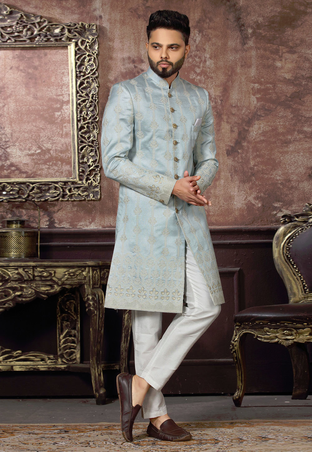 Sky Blue Jacquard Indo Western Sherwani 255316