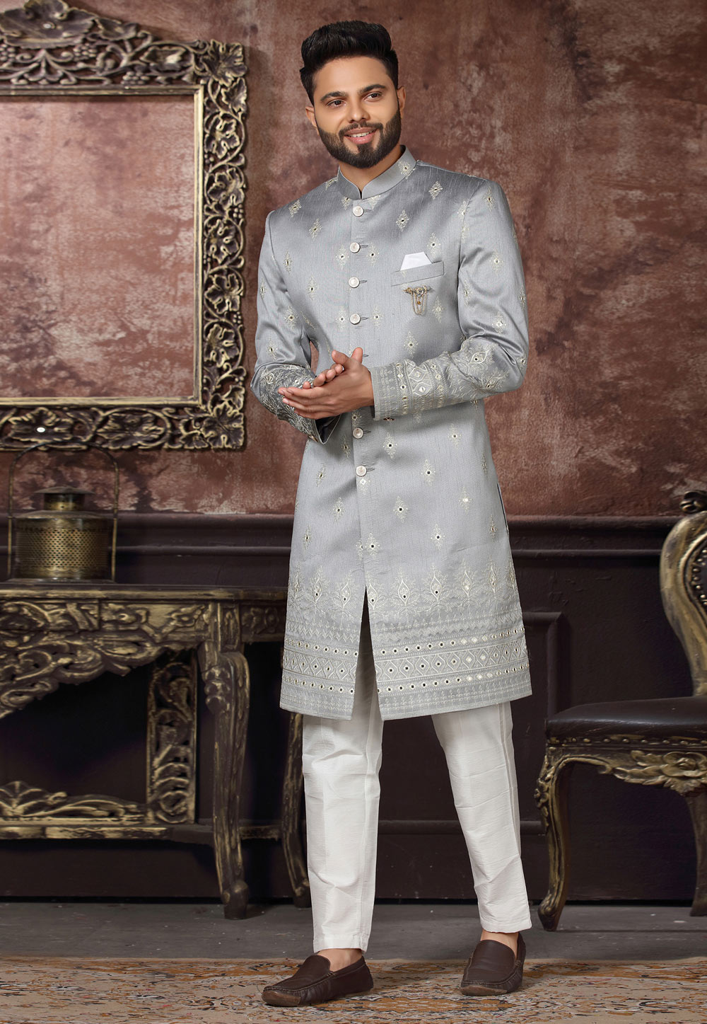 Grey Jacquard Indo Western Sherwani 255317