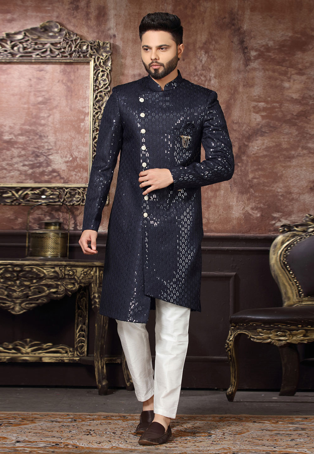 Navy Blue Art Silk Indo Western Sherwani 255318