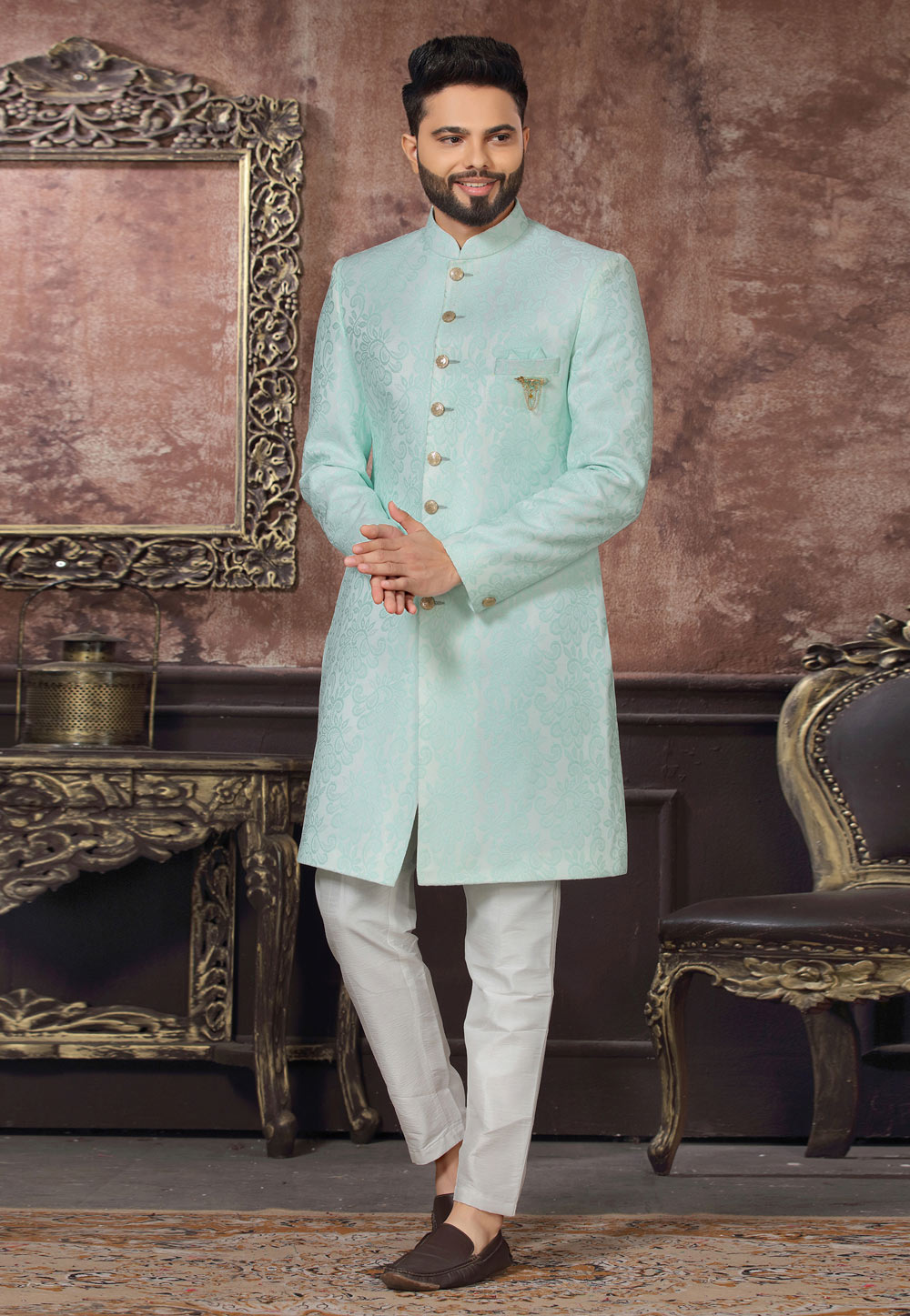 Sky Blue Jacquard Indo Western Sherwani 255319