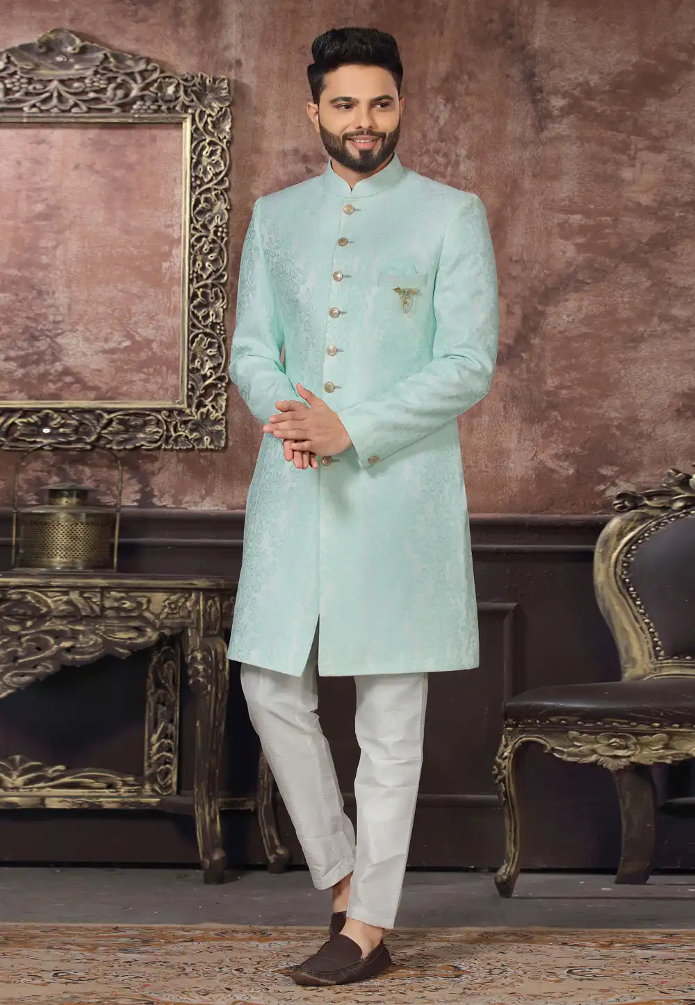 Sky Blue Jacquard Indo Western Sherwani 255319