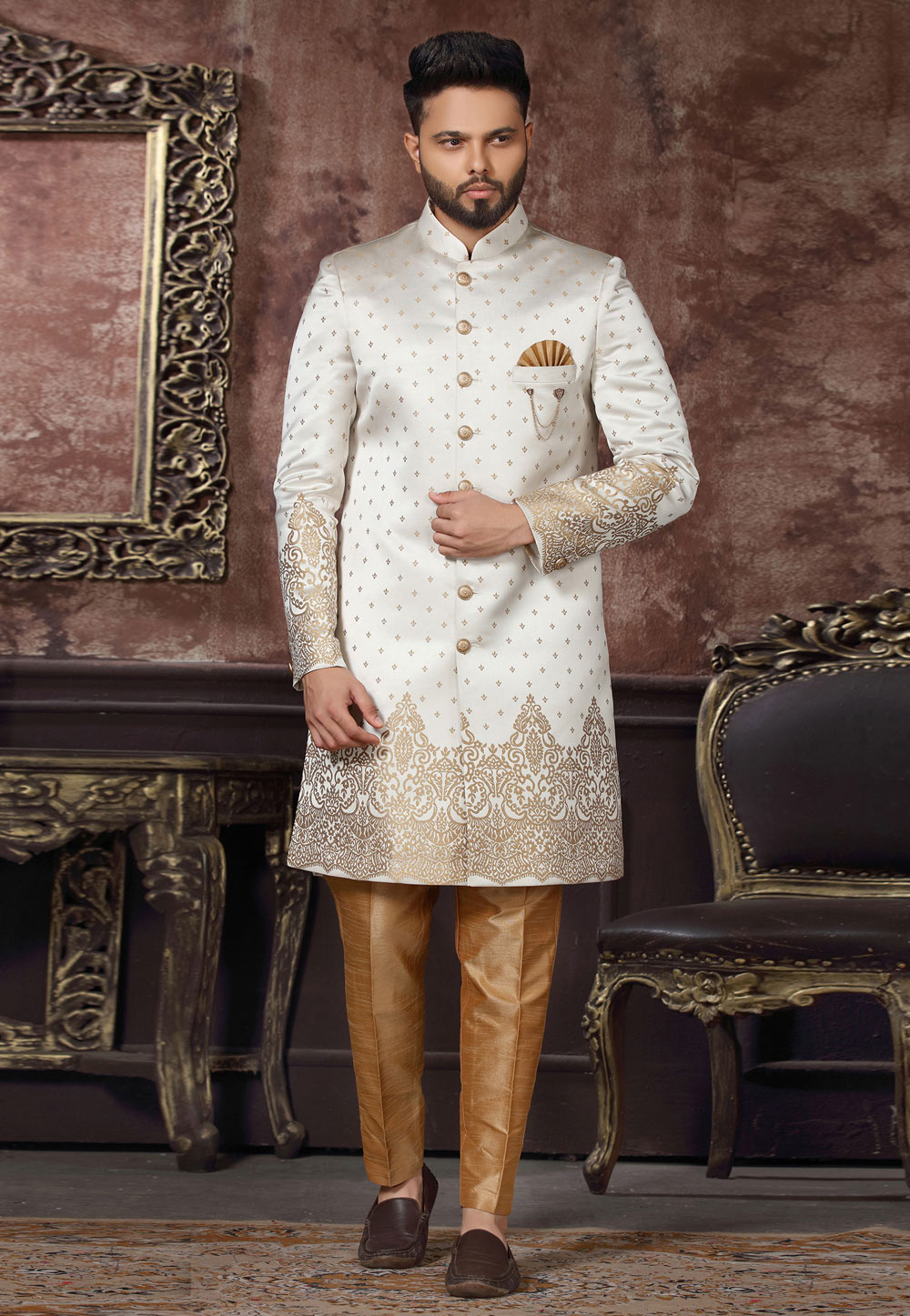 Cream Jacquard Indo Western Sherwani 255320