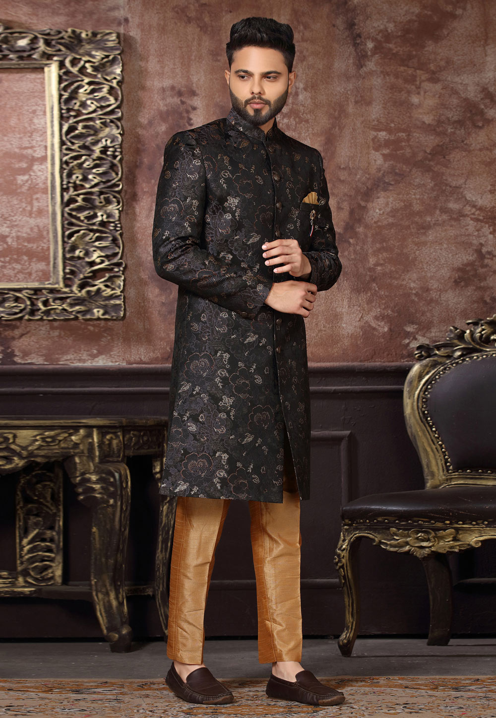 Black Jacquard Indo Western Sherwani 255323