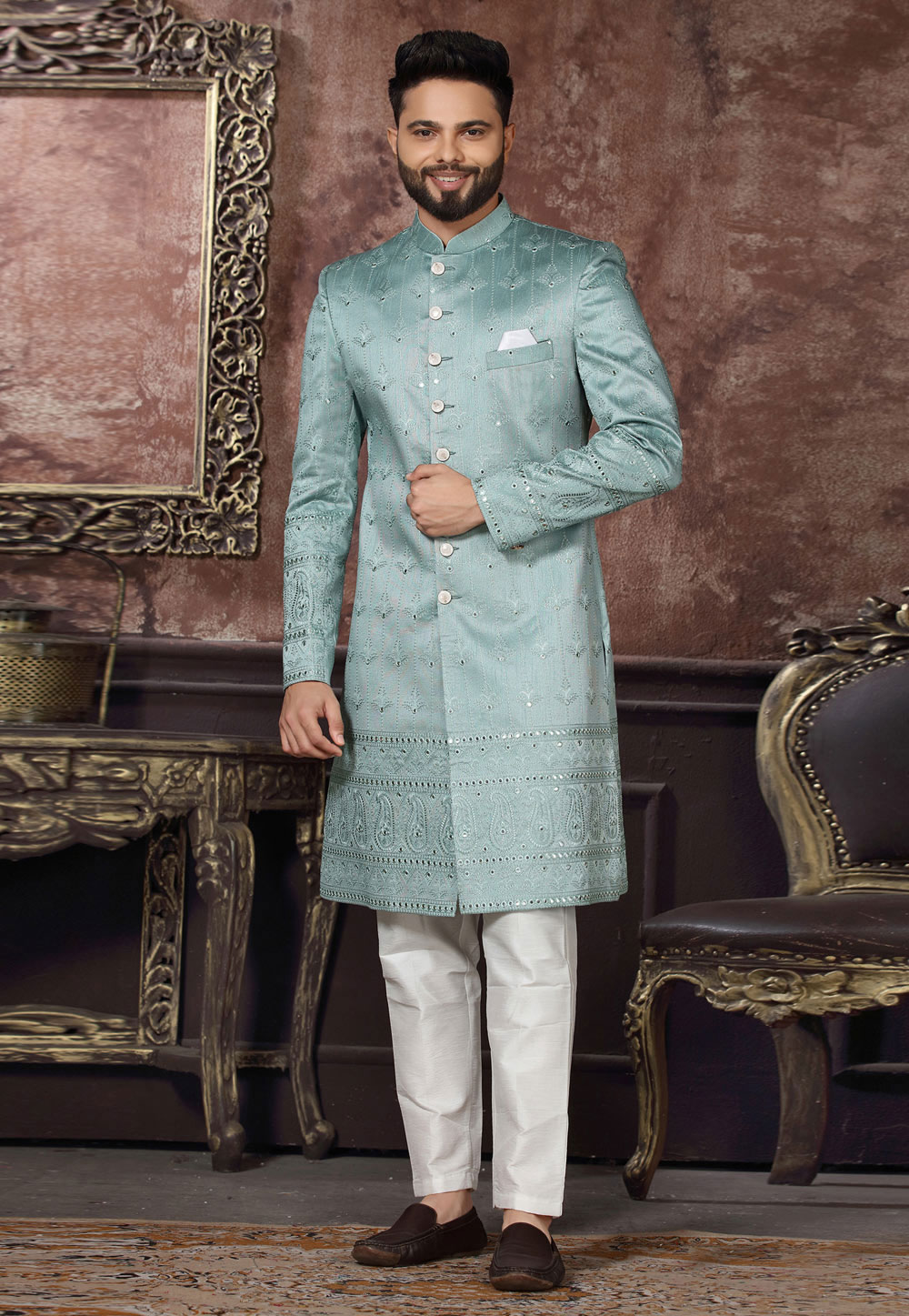 Sea Green Jacquard Indo Western Sherwani 255324