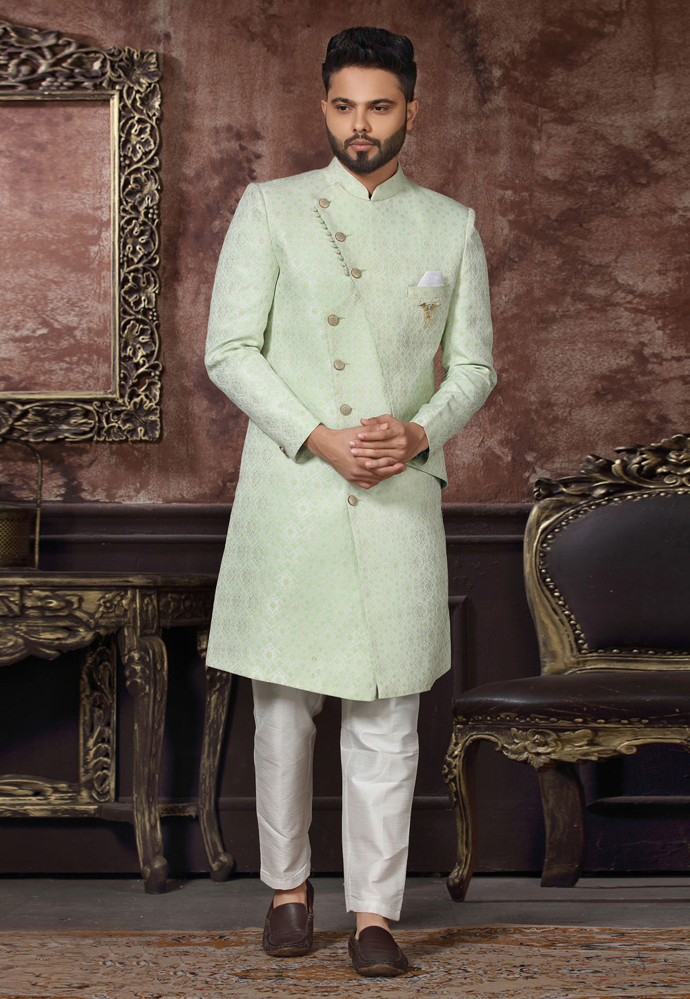 Pista Green Jacquard Indo Western Sherwani 255325