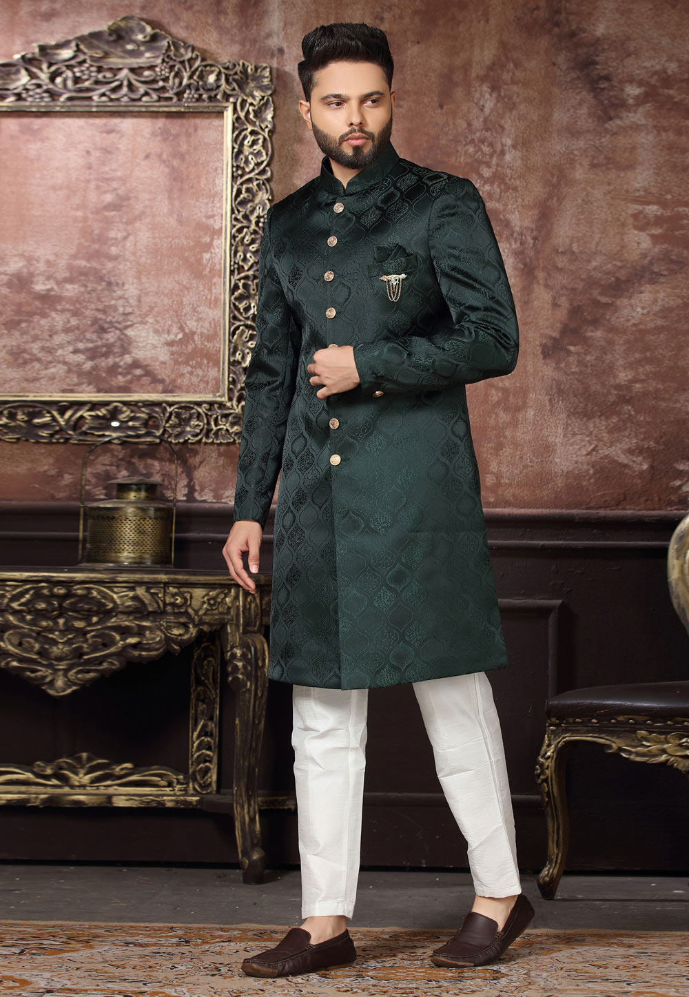 Green Jacquard Indo Western Sherwani 255326